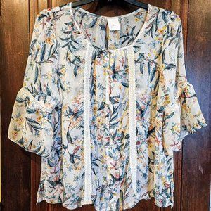 Lauren Conrad Sheer Tropical Floral Blouse Bell Sleeves lace ribbons front